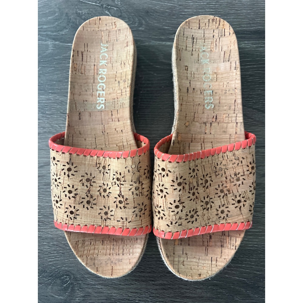 Jack Rogers Cork Platform Slide Sandals Coral Whipstitch Floral Perforated 7.5M